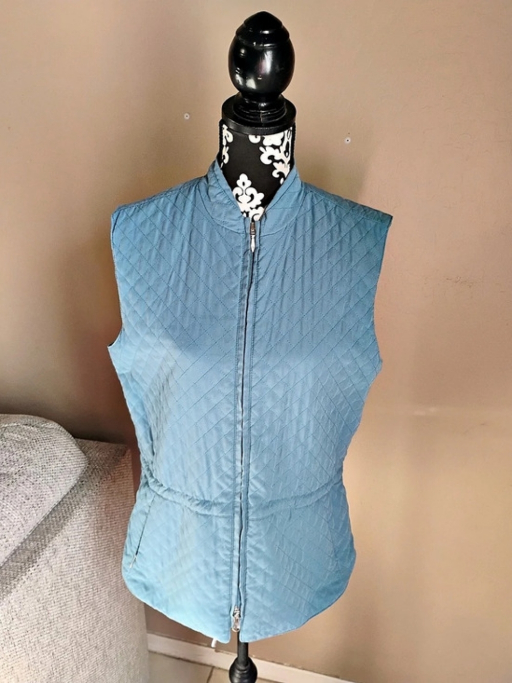 Talbots Quilted Blue Vest With Draw Cord Waist Size Medium
